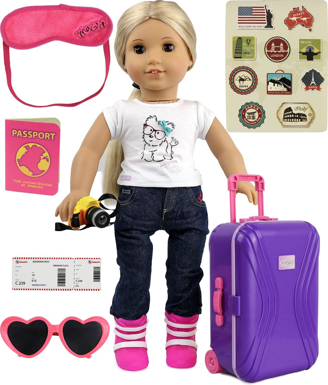 Click Nââ‚¬â„¢ Play 18ââ‚¬Â Doll Travel Carry on Suitcase Luggage 7 Piece Set with Travel Gear Accessories, Perfect for 18 inch American Girl Dolls