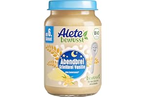 ‎ALETE Alete Bio Gläschen Abendbrei Grießbrei Vanille, Babynahrung in Bio-Qualität, ohne Palmöl & Zuckerzusatz, ab dem 6. Monat, 6er Pack (6 x 190 g), 70302