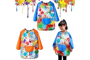 Pagezol 2PCS Kids Art Aprons for Age 7-12 Years Girls Boys, Waterproof Graffiti Painting Aprons Long Sleeves with Pockets, Kids Painting Smock Toddler Children, Play Apron for Painting, Craft, School