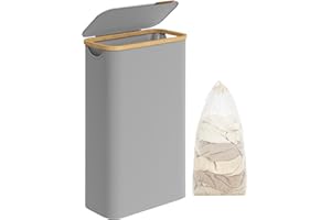SONGMICS Cesto Portabiancheria con Coperchio, Cesta per Bucato, 65L, Salvaspazio, Sacco Rimovibile, Tessuto Oxford, Manici di Bambù, Pieghevole, 42 x 22,5 x 70,5 cm, Grigio Tortora LCB506G01