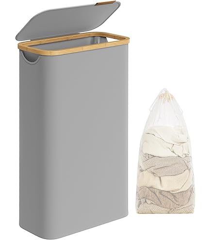 Cesto Portabiancheria Pieghevole Bambù - 100L Con 2 Scomparti E Coperchio (Grigio) - Foto 2