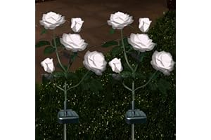 XLUX Lámpara solar exterior para jardín, flores con luces led con diseño de rosas, luces decorativas para jardín, césped, terraza y campo. Paquete de 2 unidades, blanco