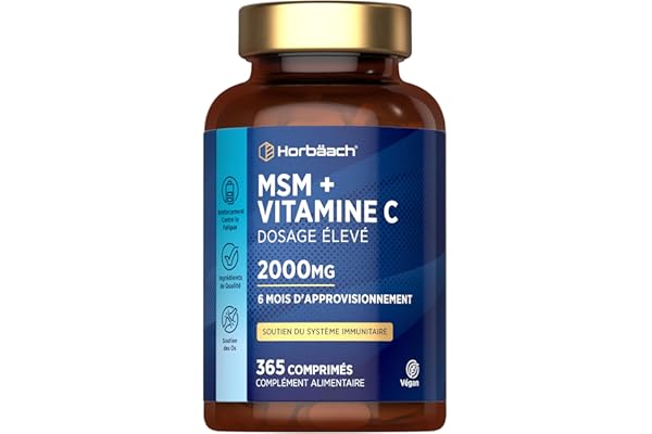 MSM Vitamine C 2000mg | 365 Comprimés Vegan Pour 6 Mois | Méthylsulfonylméthane et Acide Ascorbique | Alternative à la MSM Poudre | Complément Alimentaire Hautement Dosé | par Horbaach