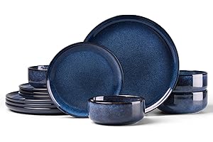 HaWare Dinner Set, 12 Piece Stoneware Dinnerware Service for 4, Reactive Glaze Dining Ware Include Plates and Bowls, Chip and Scratch Resistant, Microwave & Dishwasher Safe, Nebulas Blue