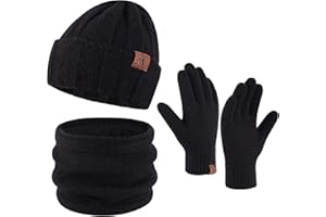Bequemer Laden Herren Winter Warm Mütze Loop Schal und Touchscreen Handschuhe Set mit Fleece Gefütterte Thermo Wintermütze Strickmütze Schlauchschal Winterhandschuhe Geschenk für Männer