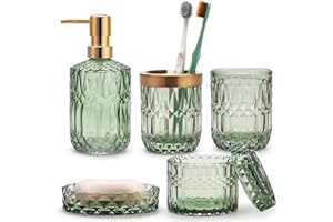 IVAILEX 5PCS Green Glass Bathroom Accessories Sets of Lotion Dispenser, Soap Dish, Toothbrush Holder, Tumbler, Cotton Swab Jars, Modern Bath Decor, Vintage Gift