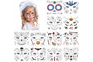 HOWAF Halloween Tatouages Temporaires pour visage (12 Feuilles), Terreur Crâne mort Sourire de Clown Floral Squelette Noir Tatouages éphémères Autocollant Pour Enfants Halloween Maquillage