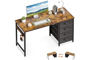 ODK Scrivania con 4 Cassetti in Tessuto, 120x48cm Tavolo per Computer con Gancio per Cuffie, Scrivania Ufficio Reversibile per Uffici e Postazioni di Lavoro, Marrone