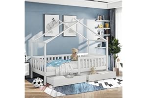 Racxily Letto per bambini 90x200cm,con 2 cassetti, con recinzione e rete a doghe, Bellissimo letto a casetta con protezione anticaduta, in legno massiccio, bianco