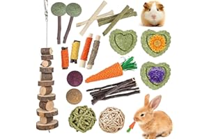 lisetar Rabbit Toys Guinea Pig Hamster Bunny 18Pcs Natural Timothy Hay Sticks Apple Wood Sticks Chinchilla Toys for Teeth Care Handmade
