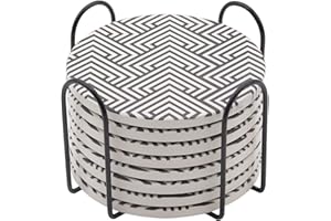 Ceramic Coasters Set of 8, GOH DODD Absorbent Coasters for Drinks Tabletop Protection Home Decor with Metal Holder for Coffee Table Housewarming Gifts Wedding Party, Black and White, Round, 4 Inch