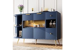 KecDuey, Credenza, 130 x 40 x 80 cm, per sala da pranzo, soggiorno, con ante scorrevoli in vetro e luci a LED, credenza in legno, armadi indipendenti, mobile da buffet, mobile da cucina, blu