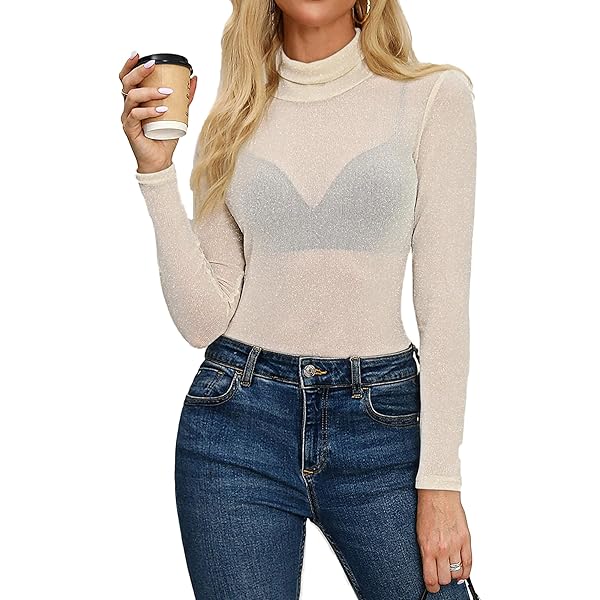 Wyeysyt Top In Pizzo Floreale A Maniche Lunghe Con Collo A Lupetto, Trasparente In Rete, Aderente, Per Donna - 2