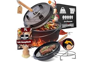 ‎GUSSKÖNIG GUSSKÖNIG Dutch Oven Set-Eingebrannter Dutch Oven 7L [3-6 Person]-Feuertopf Gusseisen ohne Füßen-Schmortopf Doppelfunktion-2in1 Deckelheber,Untersetzer,Bürste,DutchOven Rezeptbuch-30 Jahre Garantie
