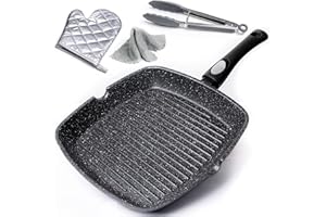 CHEF WONDERFUL BY MAK Chef Wonderful Non-Stick Griddle Pan for All Hobs with Glove & Cloth. Aluminium Steak Pan (28cm) Marble Coating & Detachable Handle. Griddle Pan for Induction & Gas hobs. Induction Grill Pan for Oven