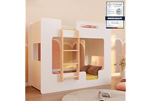 smartwood Letto a Castello per Bambini 90x200 - Bianco - Scala Sinistra - Letto Bambino per Ragazzi & Ragazze con Rete a Doghe & Sponda - Mimi BL - Portata Massima 230 kg