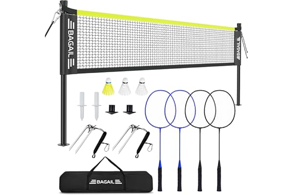 BAGAIL Filet de Badminton pour l'extérieur -Taille Officielle 20ft x 5ft, 4 Raquettes, 3 Balles de Badminton, Filet PE durable et Sac de Transport pour l'arrière-cour, la Plage et les Jeux en Famille.