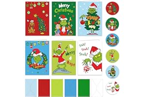 FOX·BUNNY Christmas Cards 2025 Pack of 24 - Multipack Xmas Cards - 6 Different Grnch Designs with 24 Envelopes in 6 Colors for Family, Friends, Granddaughter and Children