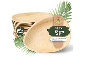 BIOZOYG Jednorazowe talerze 50 sztuk 17 cm w kształcie łezki - talerze z liści palmowych talerze na imprezę ogrodową kompostowalne - jednorazowe naczynia imprezowe trwałe, alternatywa dla plastikowych