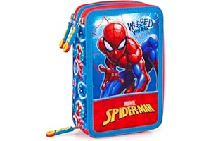 J.M. Inacio Spiderman - Astuccio Scuola 3 Zip Originale Completo di 44 Pezzi (Rosso/Azzurro)