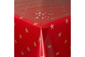 ‎DECOHOMETEXTIL HEIMTEXTILMANUFAKTUR Wachstuch Wachstischdecke Weihnachtstischdecke Sterne Gold Sterne Rot Rechteckig 140 x 220 cm abwaschbare Tischdecke