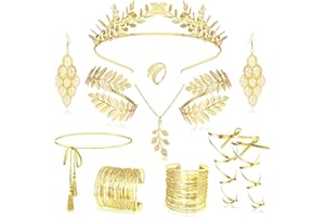 LOFITOR 11-teiliges Griechische Göttin Set Damen - Goldener Lorbeerkranz Kopfschmuck + Blatt Armreif Perlen Ohrringe Halskette Blattring für Hochzeit Cosplay Festlichkeiten