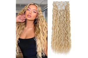 FLUFYMOOZ Clip In Hair Extensions,6PCS Hair Extensions Long Mermaid Waves Wavy Synthetic Clip On Hairpiece For Women 24 Inch (Blonde with Light Blonde)