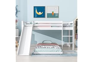 Merax Wooden Bunk Beds for Kids with Slide, Stairs and Guard Rail, Space-Saving Single Bed with Slatted Frame, Adjustable Lower Frame, White, 90x190 cm + 90x200 cm(No Mattress)