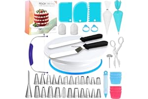 Cake Decorating Kit Tools - RFAQK 130 Pcs Cake Turntable -Cake Leveller-24 Numbered Icing Tips and Piping bags with Pattern Chart & E.Book -Straight and Angled Spatula and other baking set Supplies