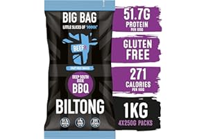 BEEFit Biltong Beef Jerky Big Bag - Healthy High Protein Snacks, Gluten Free and Keto Friendly Snack - Perfect for On-the-Go or Fitness Enthusiasts - 1kg (BBQ, 4x250g)