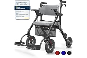 VOCIC Déambulateur Fauteuil Roulant 2 en 1 pour personnes âgées,Chaise de transport Rollator en aluminium réglable en hauteur pour l'extérieur et les voyages,Noir obsidien (Garantie 5 ans)