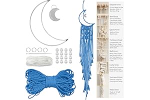 LEREATI Moon Dream Catcher - DIY Macrame Kit for Adults, Wall Hanging Tapestry - 3mm Macrame Cord, Metal Hoops, Beads for Crafting (Lake Blue)