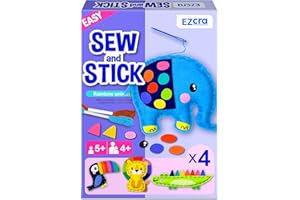 EZCRA Easy Arts and Crafts for Kids - No Mess Sewing Kit for Kids - 4 Easy to Do Animal Sewing Projects - Fun Felt Stickers - Tools with Instruction - Gifts for Boys and Girls Age 4,5,6,7,8