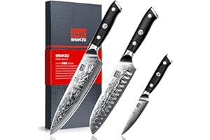 SHAN ZU Damascus Knife Set of 3 PCS, Japanese Damascus Steel 67 Layers Kitchen Knives Set High Carbon Professional Ultra-Sharp Chef Knife Set Ultra Sharp Cooking Utility Knife Set with G10 Handle