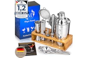 Magic Friends® Cocktail Shaker Set – 16-teiliges Edelstahl Bar-Set mit Holzständer, Limettenpresse & Rezeptbuch – Professionelles Barkeeper-Zubehör für Zuhause & Partys