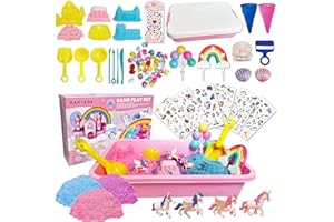 BARVERE Knetsand Set Kinder, 38 Pcs Spielsand Set, 1.3kg Knetsand mit Spielsand Box, Einhorn Magic Zaubersand Koffer, Bastelset Kinder Bunter Kinetik für Mädchen & Junge