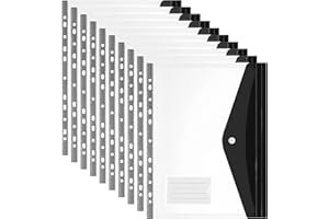 POERMA Ring Binder Punch Pocket, Clear Poly Envelope Pocket Binder A4 with Label Pocket and Snap Button, 11 Holes Plastic Wallets for School and Office Supplies, Pack of 10, Black