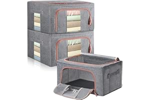Hivexagon Steel Frame Storage Box, 24L Clothes Storage Bag with Double Opening Zipper,Thick Cotton Linen Protect from Moisture Dust,Perfect for Clothing Toys Sheets Blankets (Set of 3)