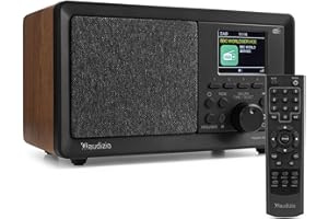 Audizio Padova - Radio da cucina DAB con telecomando, retro DAB Radio con Bluetooth, FM, display a colori TFT, 60 preset, 40 Watt, USB, lettore MP3, radio digitale con sveglia, colore legno marrone