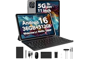 RUSHAR Tablet 11 Pulgadas Android 16 con 36GB RAM+512GB ROM (2TB TF), 5G/2.4G WiFi, Octa-Core 2.0GHz, 2000 * 1200, Widevine L1, 8000mAh, 13MP+8MP, GPS, Face ID, BT 5.0, Tablet con Teclado, Gris
