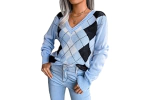 acsefire Damen Preppy Argyle Plaid Pullover Lässige Langarm V-Ausschnitt Kintted Pullover Pullover Kintwear
