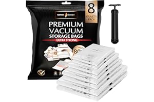 GENIE SPACE - Sacs de rangement sous vide incroyablement résistants et peu encombrants |Pack 8 Variétés (2XL+2L+2M+2S)| Étanches et réutilisables | Créez 80% d'espace en plus | Pour vêtements etc