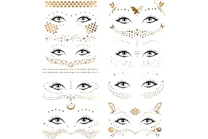 Konsait 8 Stück Tätowierung aufkleber Metallic Flash Tattoos Face Tattoo Gesicht Aufkleber Gold klebe tattoos for Frauen Dame Mädchen für Augen Gesicht Karneval Fasching Party Shows Make-up