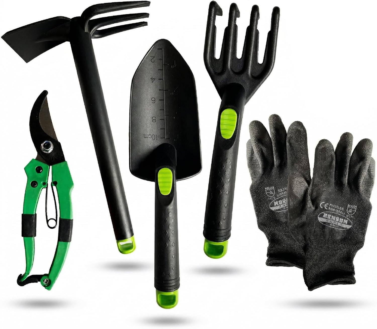 Kit 5 Herramientas de jardinería Resistente de Fibra de Vidrio Ideal para jardín, huerto Urbano o terraza | Kit jardineria Completo Que Incluye: Pala, Rastrillo, Azada, Tijeras de Podar y Guantes.