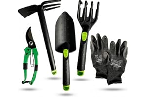 Kit 5 Herramientas de jardinería Resistente de Fibra de Vidrio Ideal para jardín, huerto Urbano o terraza | Kit jardineria Completo Que Incluye: Pala, Rastrillo, Azada, Tijeras de Podar y Guantes.