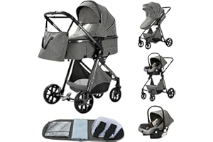 GLOKID Kinderwagen 3 in 1,Reisesysteme, Babywanne,Buggy&Sportsitz,Tragbarer,Voll-Gummireifen,Mit Einem Klick Zusammenklappbarer,Zubehör (LV9 Dunkelgrau)