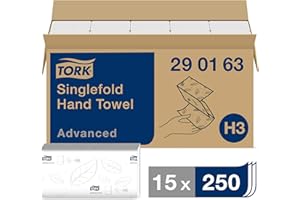 Tork Essuie-mains pliés en V Advanced - 290163 - Papier d'essuyage pour Distributeur H3 - Absorbant et indéchirable grand 2 plis blanc - 15 x 250 feuilles