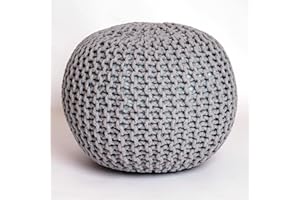 ROSELEY Round Chunky Knitted Pouffe Footstool Braided Cotton Ottoman Resting Feet 50cm Comfy Filled Bean Seat 50cm Light Foot Stool Living Room Decor Firm Support For Children Elderly [Silver]