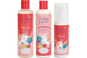 Childs Farm Kids Tangle Taming Hair Regime Bundle | Tear Free Strawberry & Organic Mint Shampoo (250ml), Conditioner (250ml) and Hair Detangler Spray (100ml) | Suitable for All Hair Types - 3 Pack