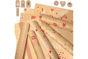 5 Rollos Papel Regalo Navidad - 43cm x 2m Grande Papel Envolver Navidad Bobina con Etiqueta, Vintage Bobina Papel Embalar Navidad Kraft, JieliBon Original Roll Christmas Wrapping Paper para Infantil